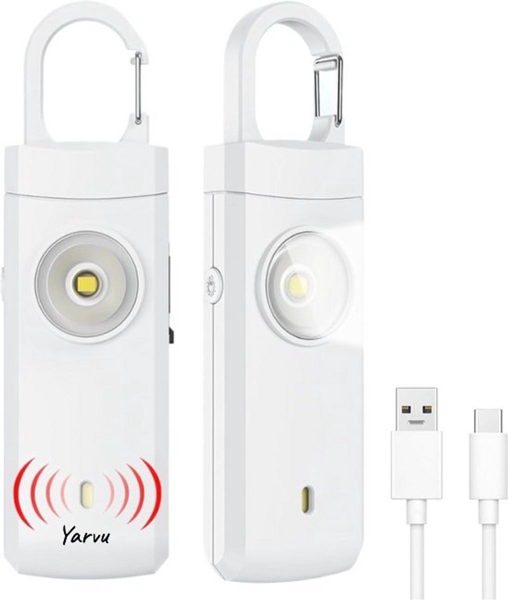 Yarvu ® - Persoonlijke Alarm - Zakalarm - Zaklamp - Oplaadbaar - Sleutelhanger - Noodfluit - Persoonlijk Veiligheid - Alarmknop - Zelfverdediging Sirene - Vrouwen Ouderen Kinderen - Wit