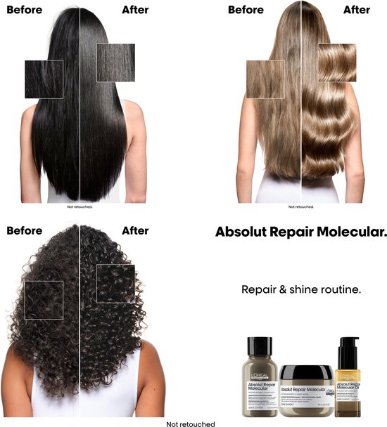 Voor- en achteraanzicht van haar met L'Oréal Absolut Repair Molecular Oil.