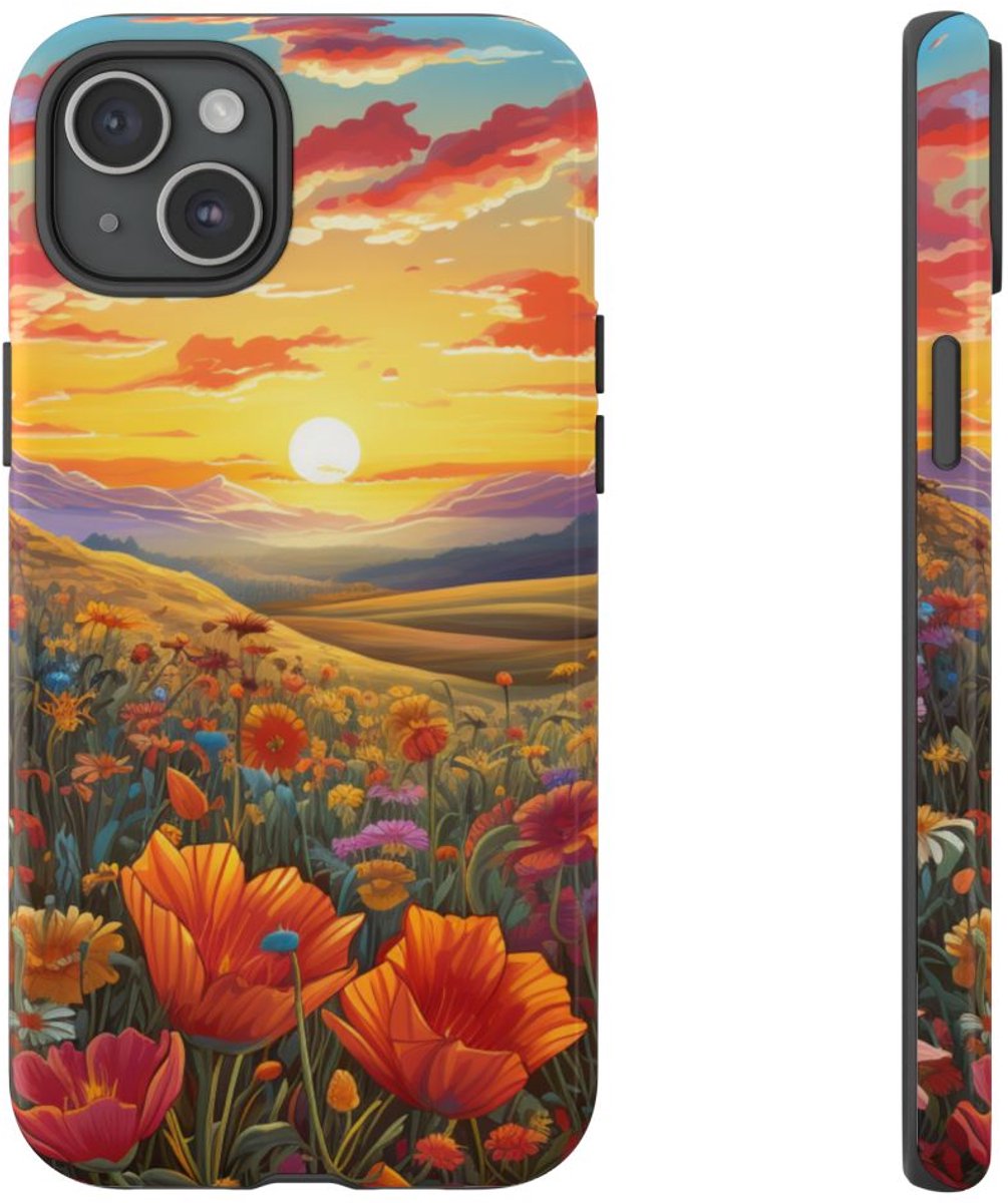 Zonsondergang boven Wilde Bloemenweide – Telefoonhoesje Geschikt voor iPhone 15 Plus
