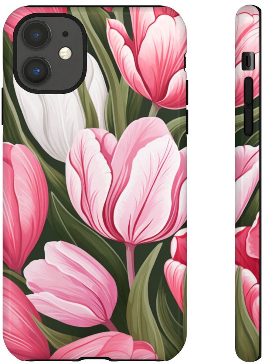 Roze en Witte Tulp Bloemenpatroon – Telefoonhoesje Geschikt voor iPhone 11