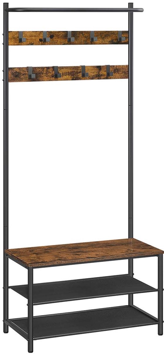 Kapstok en multifunctioneel halmeubel met schoenenbank, dubbel Oxford-doek schoenenrek en 9 afneembare haken, industrieel design, stevig metalen frame, geschikt voor gang en slaapkamer, 32,2 x 64 x 180 cm, bruin + zwart