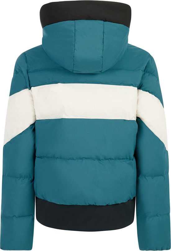 Achterkant van turquoise ski-jas met beige en witte strepen, met zwarte kraag en tailleband.