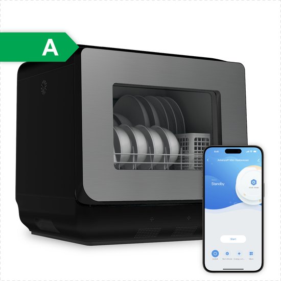 Amenzo® - Mini Vaatwasser - Inclusief App - Energielabel A - 900 Watt - 5 Programma's - Zwart - Afwasmachine - Met Waterreservoir
