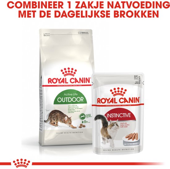 Royal Canin Active Life Outdoor en Instinctive kattenvoer verpakkingen.