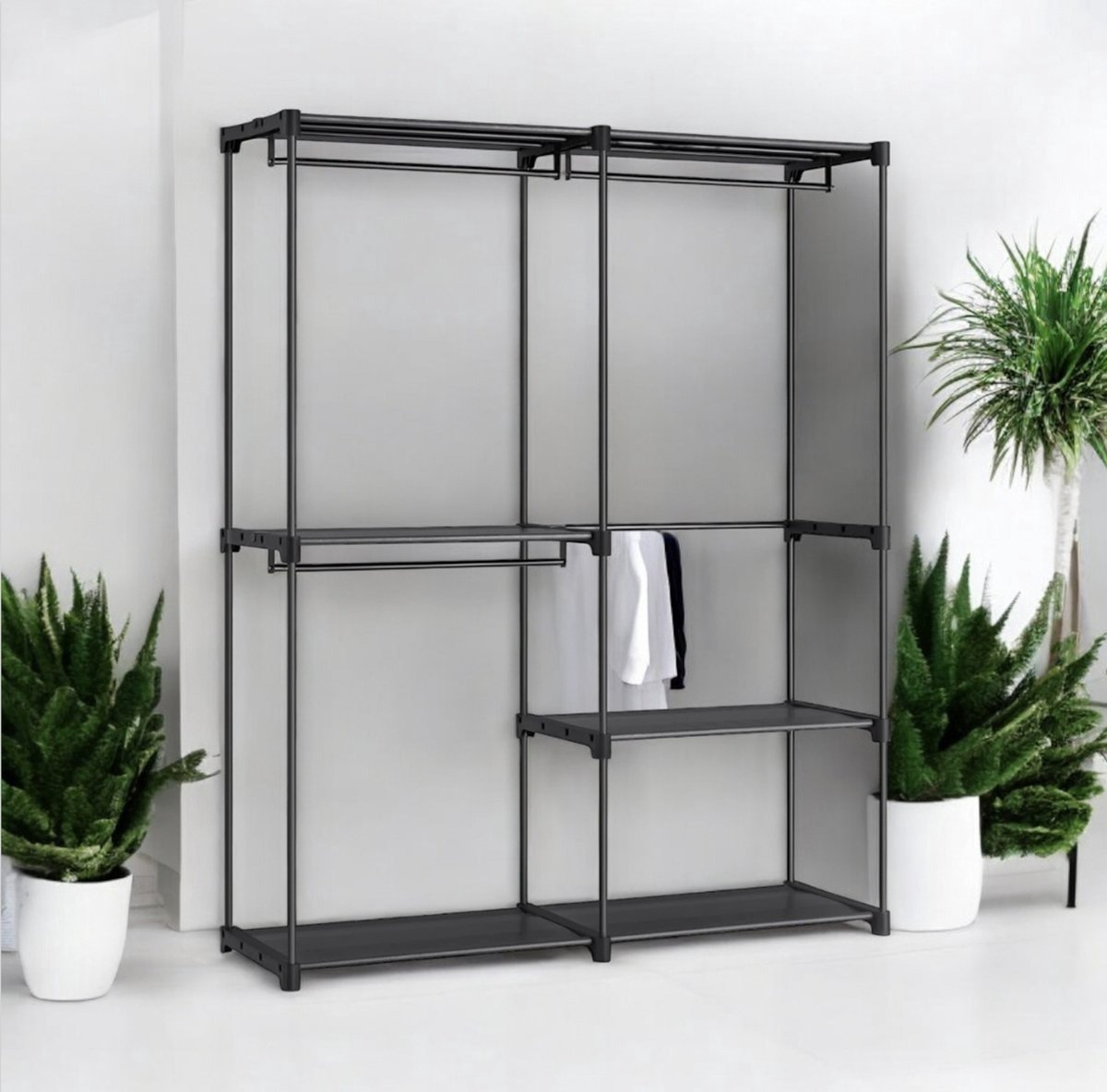 WNHB® Open Kledingkast - Kledingrek met Kledingstang - Garderobe met 3 Vakken - 43x138x182 cm - Slaapkamer Woonkamer