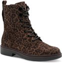 Bruine veterlaars met luipaardprint. Zwarte veters, metalen veterogen en ritssluiting.