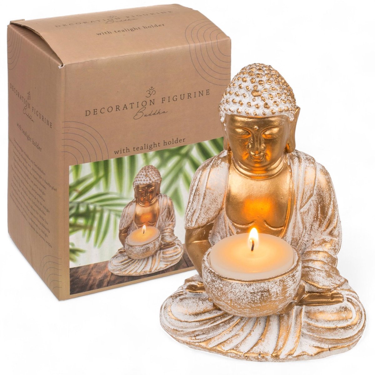 Buddha Decoratie Beeld - Goud en Wit - Vintage Uiterlijk - Polyhars - 14-34 cm Hoog - Optioneel met Theelichthouder