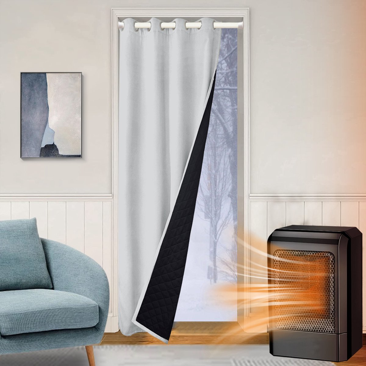 Qelus Verduisterende Gordijnen Kant en Klaar met Ringen - 110x203 cm - Isolerend, Waterdicht & Winddicht - 405gsm Blackout Gordijn voor Deur - Thermisch Deurgordijn - Grijswit
