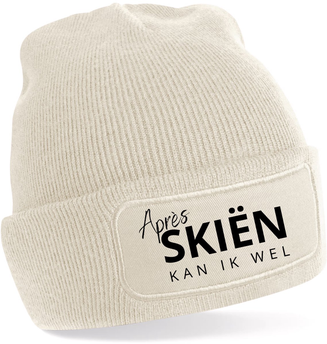 Beanie-Après Skiën kan ik wel-kado-wintermuts-grappig-almond-zwart
