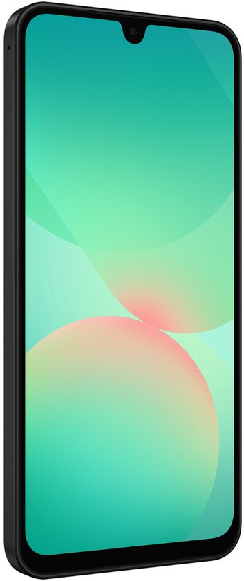 Zwarte Samsung Galaxy A26 5G telefoon, zijkant profiel, met een groen abstract scherm.