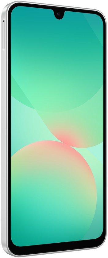 Witte Samsung smartphone, schuin van voren getoond, met een druppelvormige inkeping en een opvallend scherm.