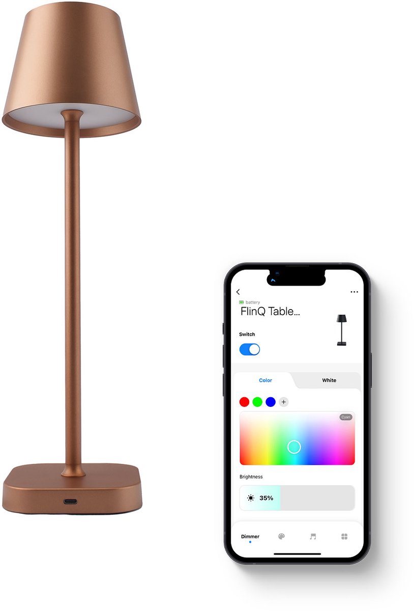 FlinQ Smart Tafellamp Lume - Oplaadbaar en met Touch Bediening - Voor Slaapkamer en Woonkamer - Draadloze Lamp ook als Schemerlamp - Dimbaar en Ideaal voor Nachtkastje - Industrieel - Bronze