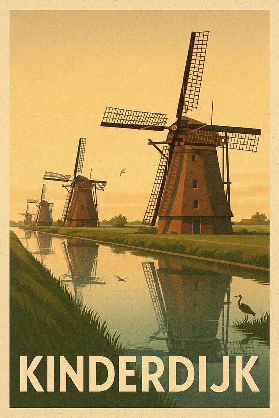 Kinderdijk Poster - Steden Posters - Nederland - Tekst - Windmolen - Wanddecoratie Woonkamer - 180 gram papier - S6698WV - Formaat 50 x 70cm