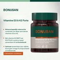 Fles Bonusan Vitamine D3 & K2 Forte, 60 capsules, met groene dop en label.