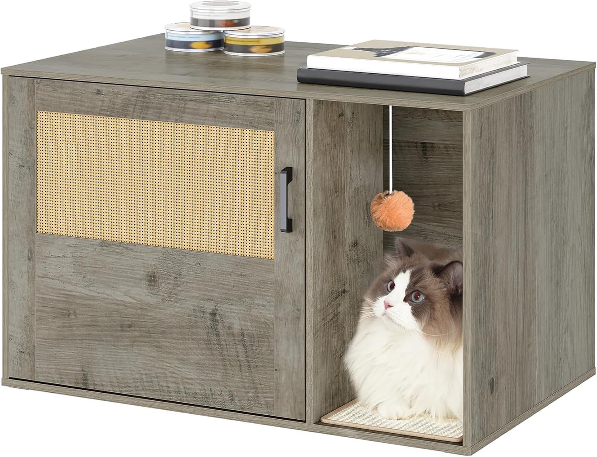 Greige Kattenkast met Rotandeur – Verborgen Kattenbak, Boho-Stijl, Met Opslag ECB05605X