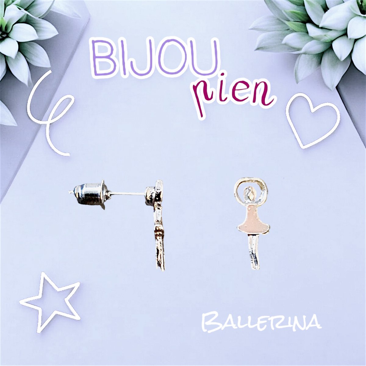 Kids Bijoux - Bijou Pien - Oorstekers Zilver Tone - Ballerina (oud roze) - 12x4 mm - Kinderen jeugd vrouwen - unisex - casual