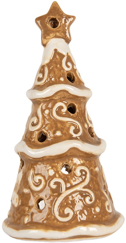 Clayre & Eef Waxinelichthouder Kerstboom Ø 8x15 cm Bruin Keramiek