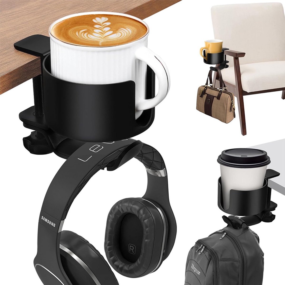 2-in-1 Koptelefoon Houder en bekerhoudertafel - Headset Haak - Hoofdtelefoon Hanger - Bureau - Metaal - Zwart