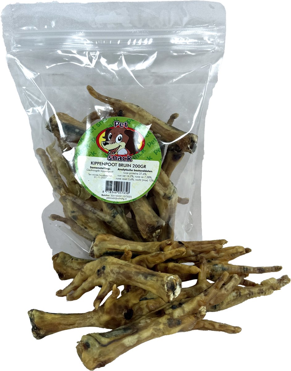 Petsnack Kippenpoot - Natuurlijke Kauwsnack 200gr - Stevige Gedroogde Kippenpoot voor Honden