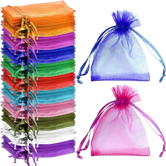 100 stuks organza zakjes in gemengde kleuren, transparante cadeauzakjes voor bruiloften met trekkoord, sieradenzakjes, snoepzakjes voor verjaardagen, bruiloften, babyshowers, kerstfeesten, festivals, bedankjes, cadeaus, 7 x 9 cm