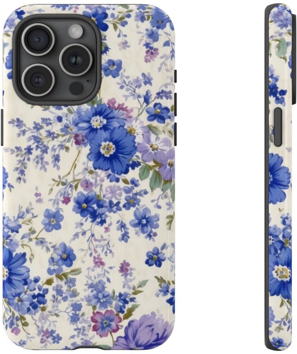 Blauw-Paars Bloemenpatroon – Telefoonhoesje Geschikt voor iPhone 15 Pro Max