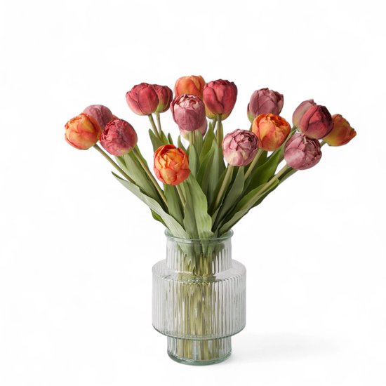 WinQ-Kunsttulpen in een boeket in diverse warme kleuren-21 Tulpen-Rood, Oranje, mauve-Zijden bloemen
