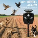 Zwarte ultrasone verjager in een veld met konijnen, vogels en een kat. Tekst 'Optioneel alarm'.