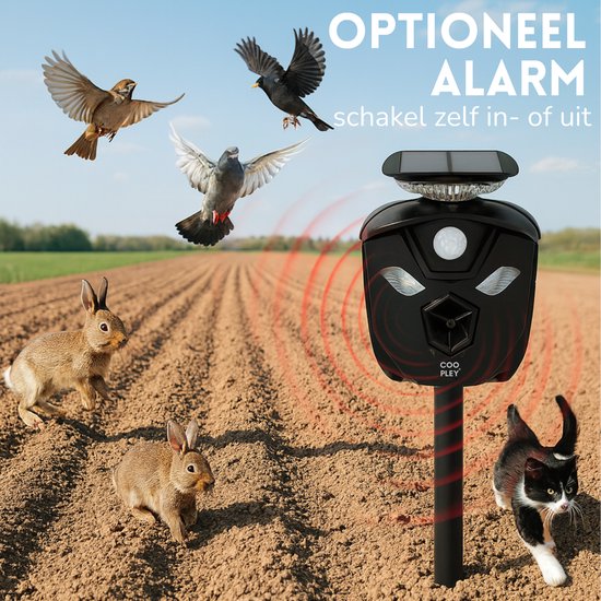 Zwarte ultrasone verjager in een veld met konijnen, vogels en een kat. Tekst 'Optioneel alarm'.