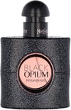 Zwart Yves Saint Laurent Black Opium Eau de Parfum fles met glitter en roze label.