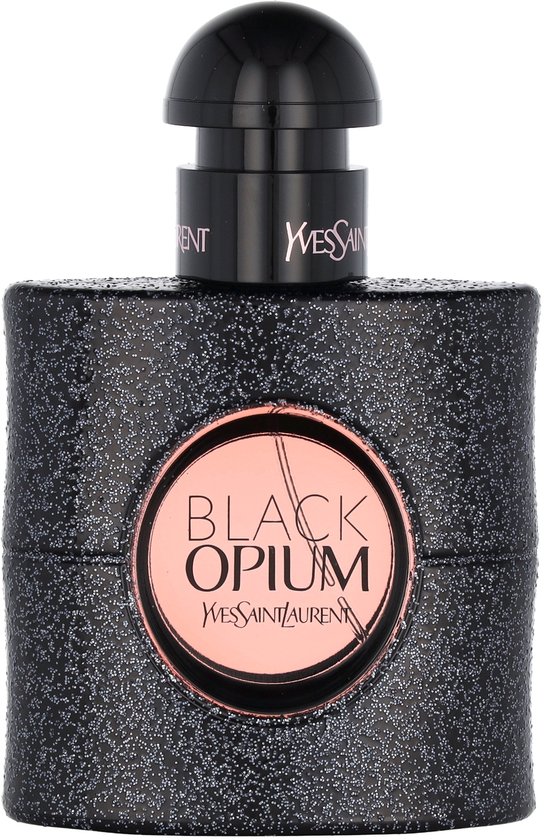 Zwart Yves Saint Laurent Black Opium Eau de Parfum fles met glitter en roze label.