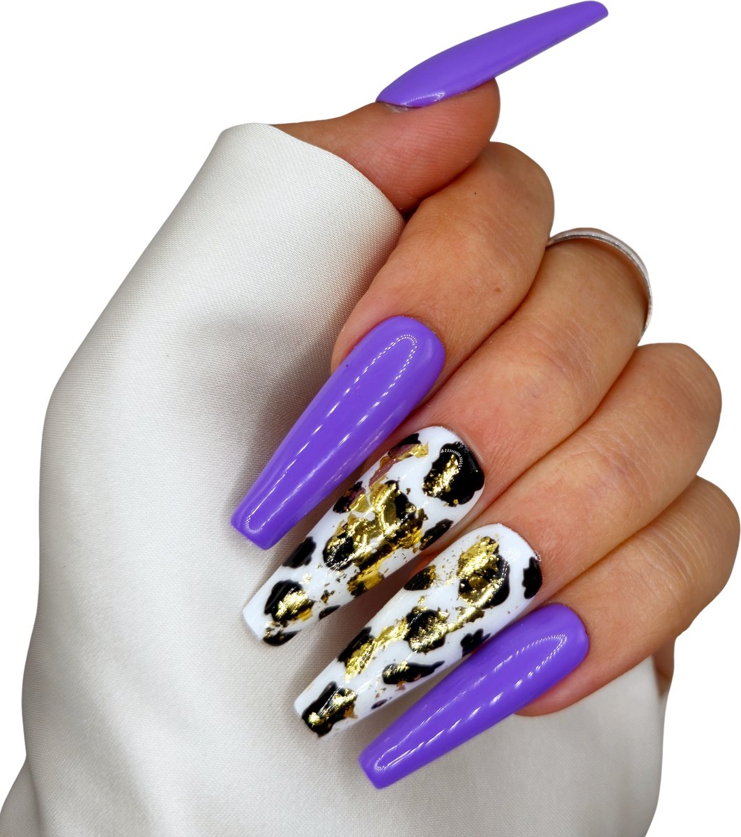 Press on Nails - Plaknagels Paars Cow Print - XL Coffin Nepnagels - SD Press on Nails - Nagelset No. 58 Till The Cows Come Home