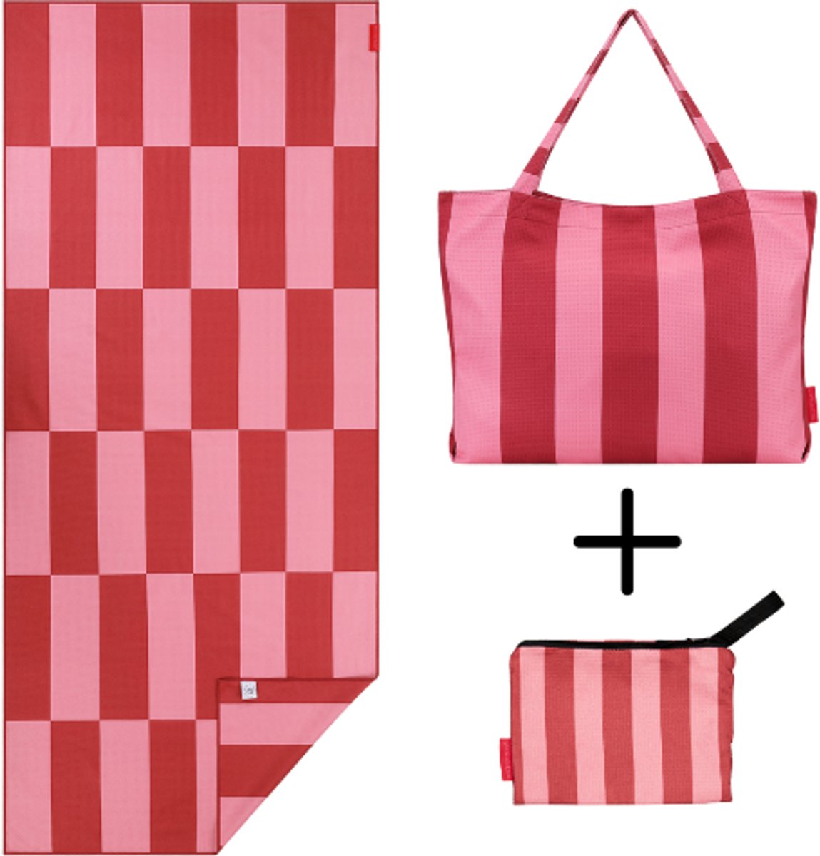 PIECE OF SUN® Strandset 3-delig – Groot Strandlaken 90x200 cm + Ruime Strandtas + Pouch – Roze Rood – Zandvrij Sneldrogend Microvezel – Duurzaam & Lichtgewicht - Cadeau voor vrouwen - Cadeaubon 50 euro