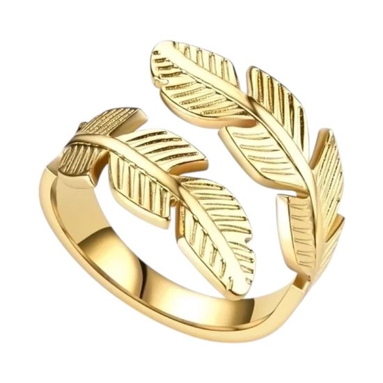 Gouden ring met twee open veer-achtige bladeren.