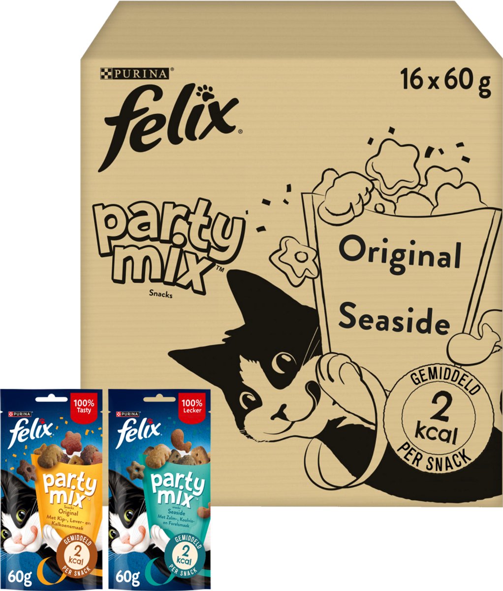 Felix Cat Snacks Party Mix - Kattensnacks Original en Seaside - 16 x 60g