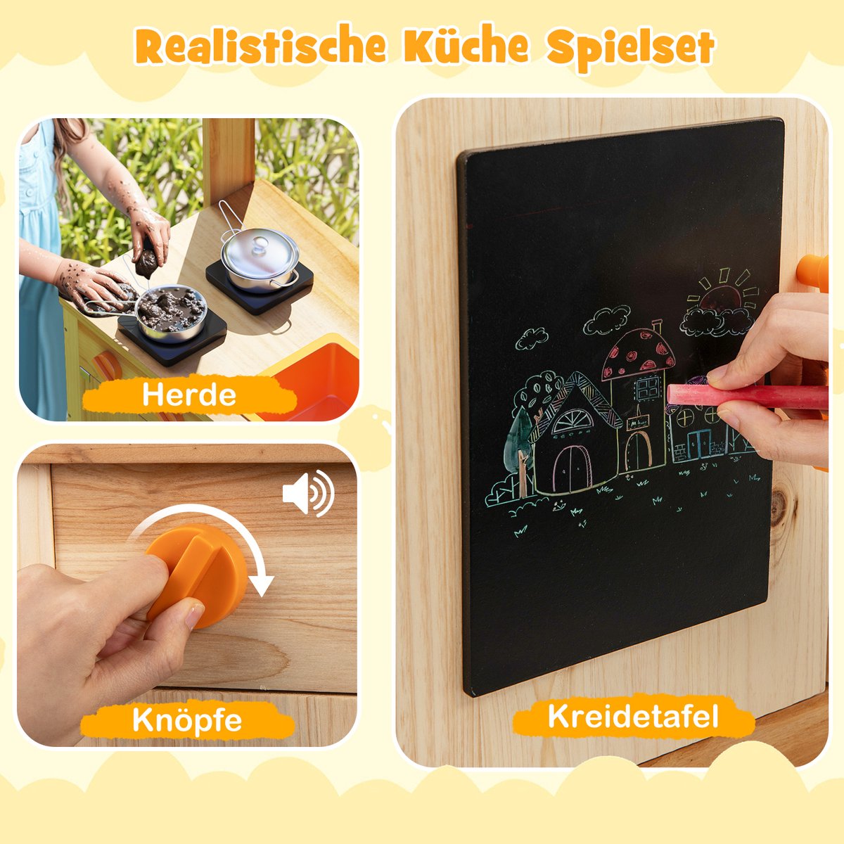COSTWAY Modderkeuken voor kinderen, outdoor, kinderkeuken, hout met plantenpotten en kookaccessoires, speelkeuken met kraan, gootsteen en borden, outdoor keuken voor kinderen vanaf 3 jaar — afbeelding 9