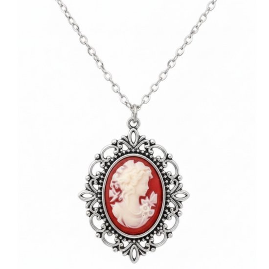 Collier à maillons argenté pour femme avec pendentif ovale style camée rouge et blanc