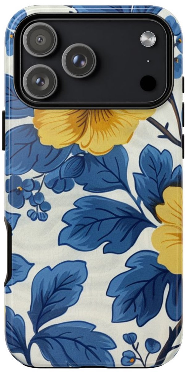 Blauw-Geel Bloemenpatroon – Telefoonhoesje Geschikt voor iPhone 17 Pro Max