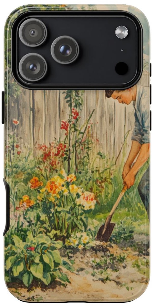 Jonge Man aan het Tuinieren tussen Bloemen – Telefoonhoesje Geschikt voor iPhone 17 Pro Max