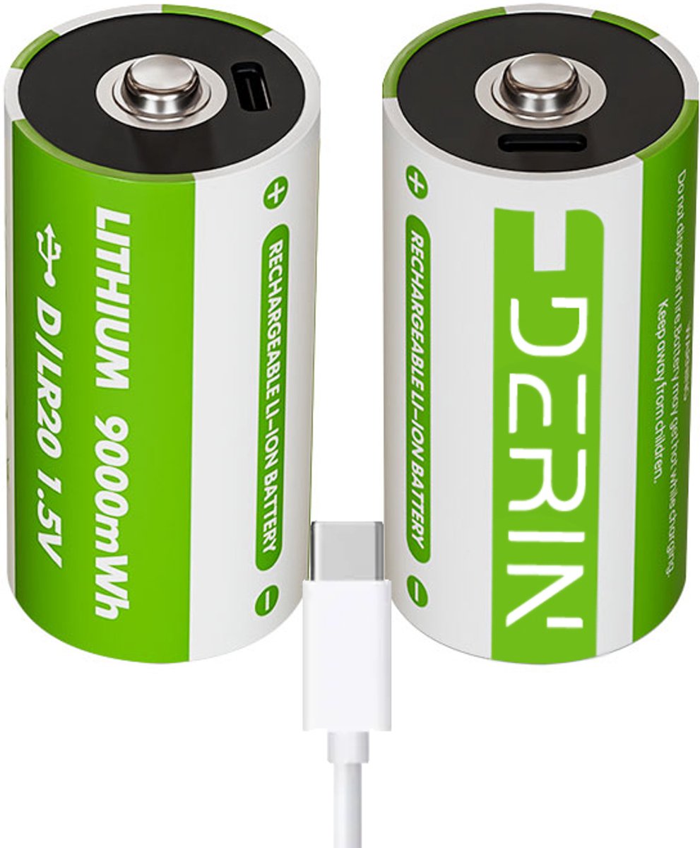 Derin D-type (LR20) USB-C oplaadbare batterij, 2-pack (9000 mWh) Snelladen met kabel