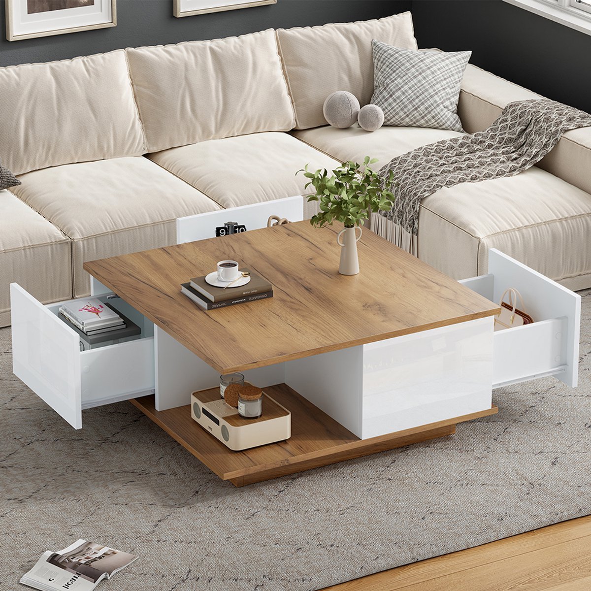 KOMHTOM BLACKCOLORS Salontafel 70 x 70 x 31,5 cm met 3 lades, geometrische salontafel, glanzende salontafel, bijzettafel, geschikt voor kleine ruimtes, wit + originele houtkleur Wit + Notenhout