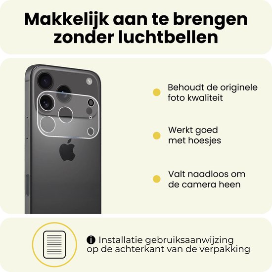 Makkelijk aan te brengen zonder luchtbellen. Behoudt foto kwaliteit, werkt met hoesjes, valt naadloos om camera. iPhone met cameralens protector.