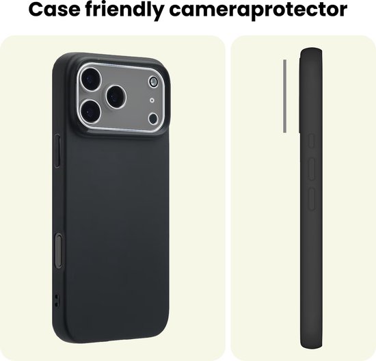 Cameraprotector die past met hoesjes. Een zwarte iPhone met hoesje en cameraprotector wordt getoond.