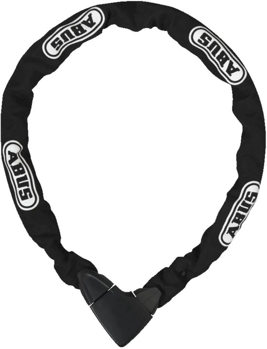 Antivol chaîne ABUS noir en forme de cercle, recouvert de logos ABUS blancs.