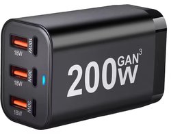 GaN3 200W – USB‑C – USB-A – Snellader – Desktop Oplader – 100W PD Fast Charging – Voor Laptop & Smartphone