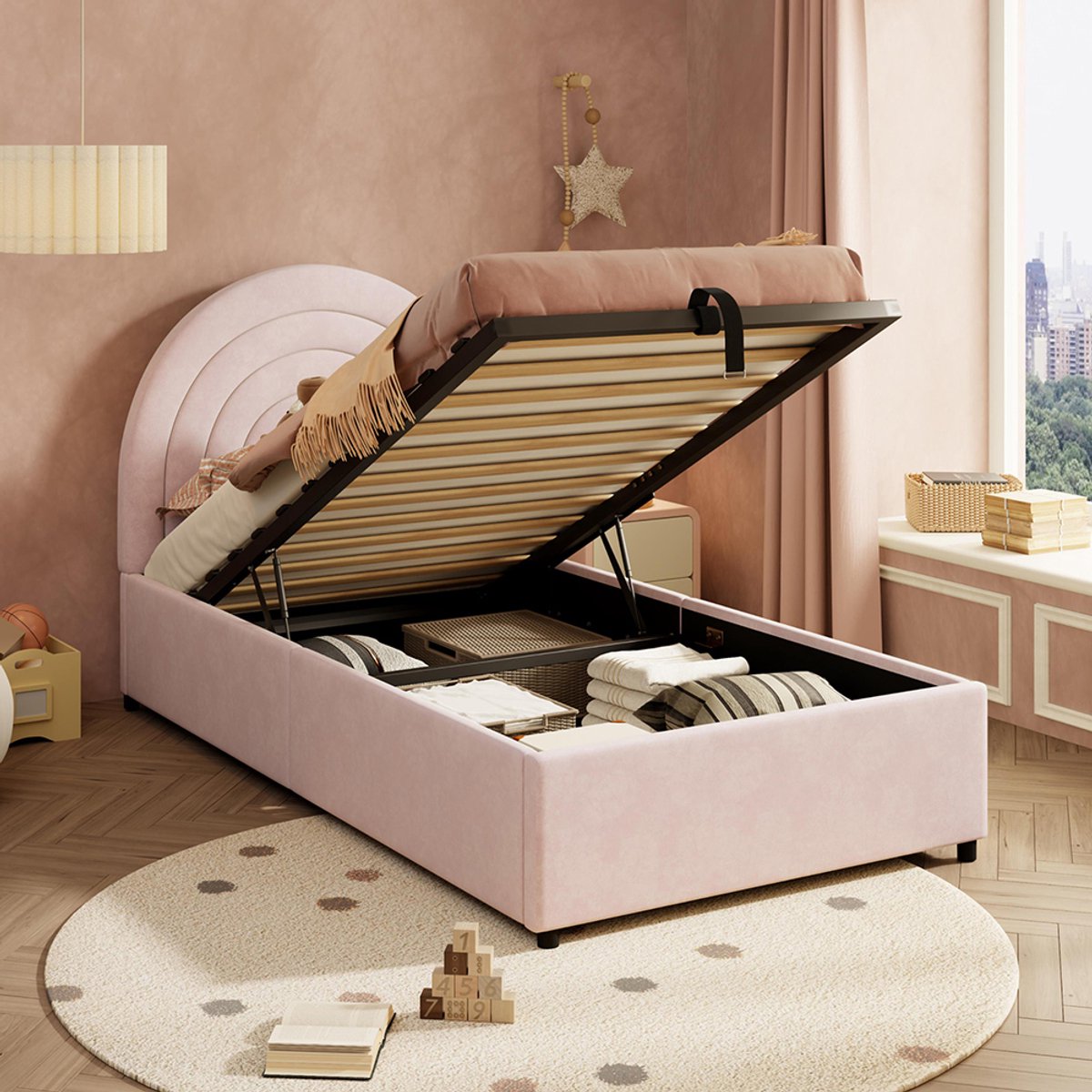 KOMHTOM BLACKCOLORS Gestoffeerd bed 90*200, kinderbed, eenpersoonsbed met lattenbodem en hoofdeinde, bed voor tieners, geschikt voor volwassenen en tieners, houten latten, eenvoudige montage, fluweel, roze