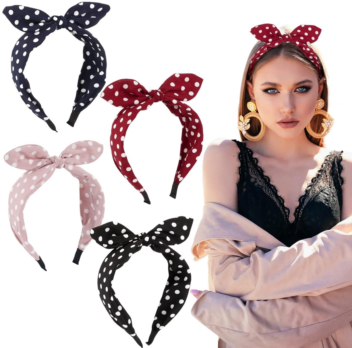 Mmgoqqt 4-pack brede hoofdbanden voor dames met stippen en strik - Rock hoofdbanden en vintage haaraccessoires - voor meisjes en vrouwen-zwart - roze - rood - blauw