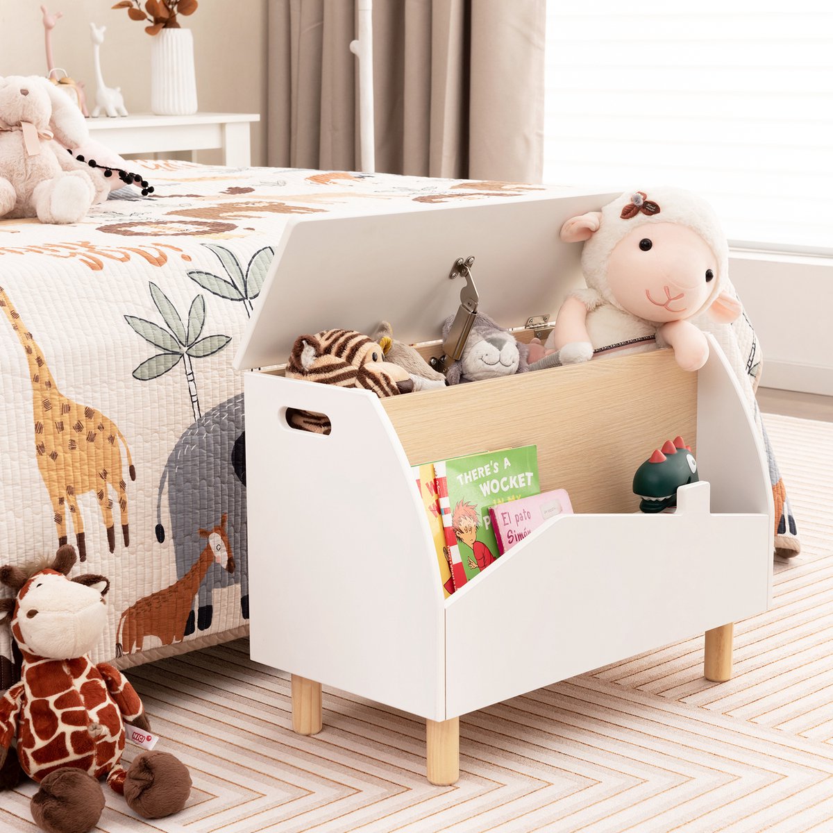 COSTWAY Speelgoedkist voor kinderen, houten kinderkist met boekenkast en deksel, kinderzitbank met opbergruimte op wielen, speelgoedkist voor speelkamer, woonkamer, kinderkamer, wit