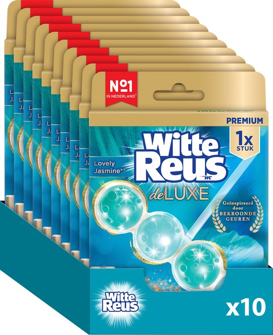 Doos met 10 verpakkingen Witte Reus DeLuxe, geur Lovely Jasmine. Drie turquoise bolletjes met parelmoerglans op een witte houder.