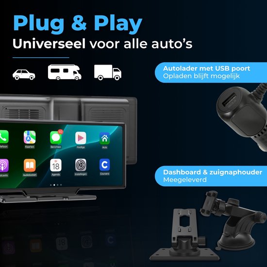 Plug & Play: navigatiesysteem met dashboard- en zuignaphouder, en een USB-autolader.