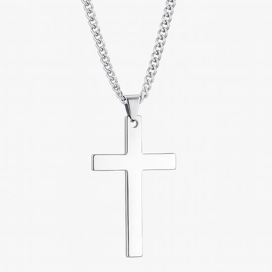 Collier homme avec pendentif croix - couleur argent - finition brillante - chaîne à maillons avec motif religieux